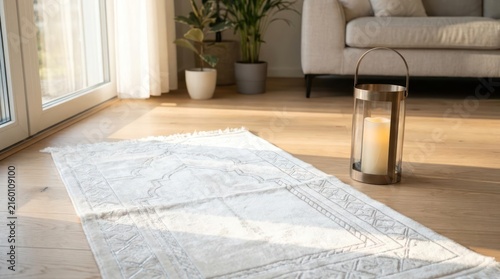 Prayer rug and lantern on wood floor.