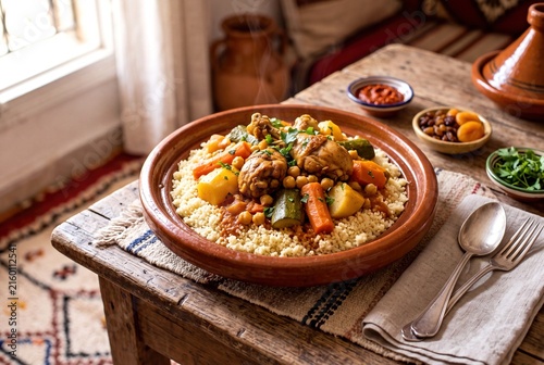 Delicious traditional Moroccan chicken couscous with vegetables and chickpeas served inside a rustic clay serving dish.