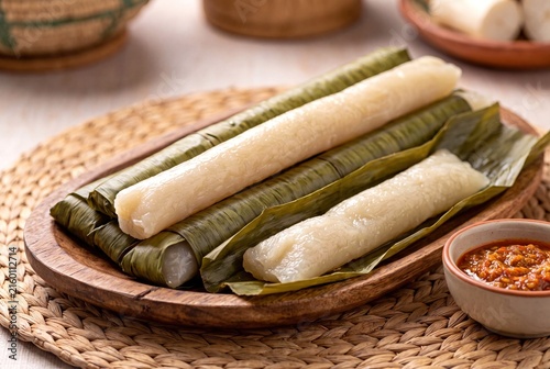 Traditional Cameroon Bobolo fermented cassava cake wrapped in green leaves served with spicy red sauce