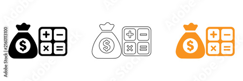 A set of money bag calculator dollar math accounting symbol vector icon black outline yellow orange color finance currency budget calculation emblem sign logo design element art isolated