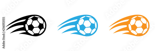 A set of flying soccer ball motion tail speed fire flame symbol vector icon black blue orange color football match sport game equipment emblem sign logo graphic design element isolated white