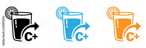 A set of orange juice glass lemon slice vitamin c plus symbol vector icon black blue orange color beverage drink liquid health boost emblem sign logo design element art isolated white background