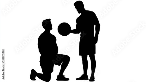 Personal Trainer and Client Silhouette: A silhouette of a personal trainer guiding a client through a weightlifting exercise with a kettlebell. Represents dedication, health, and fitness goals.