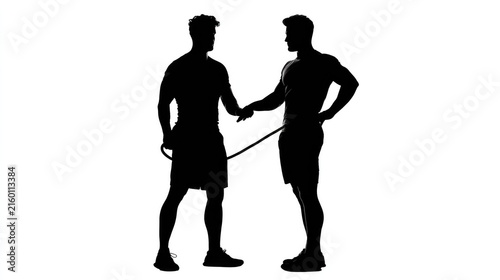 Two Silhouettes Shake Hands: Two athletic silhouettes engage in a handshake, symbolizing partnership and respect, possibly after a competition or a shared endeavor, against a stark background.