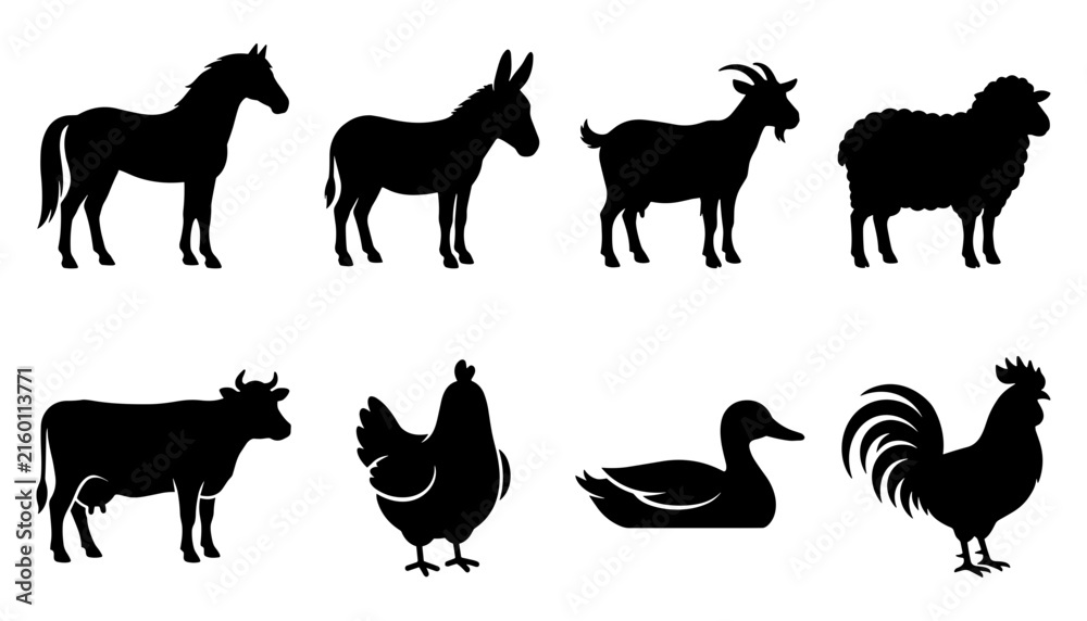 Obraz premium Farm Animal Silhouette Collection with Horse, Donkey, Goat, Sheep, Cow, Hen, Duck, and Rooster for Rural Agriculture and Livestock Designs.