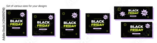 Modern Black Friday sale template set in multiple formats with bold typography, black background and neon accents. Ideal for social media, web banners, ads and promotional campaigns.