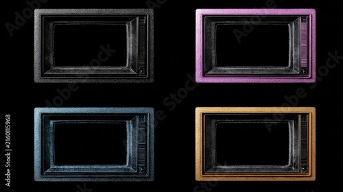 Four Ornate Frames Arranged in a Pattern: Four decorative picture frames in black, purple, blue, and gold are arranged in a 2x2 grid, creating a sense of depth and symmetry.