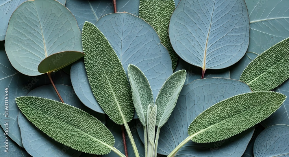 Obraz premium Flat Lay Composition of Fresh Sage Leaves Arranged on a Background of Eucalyptus Leaves representing Herbal Medicine and Aromatherapy