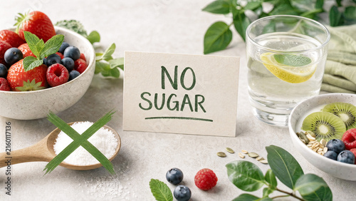 No Sugar sign card with fresh berries, lemon water on light background ideal for healthy diet, sugar-free concept.