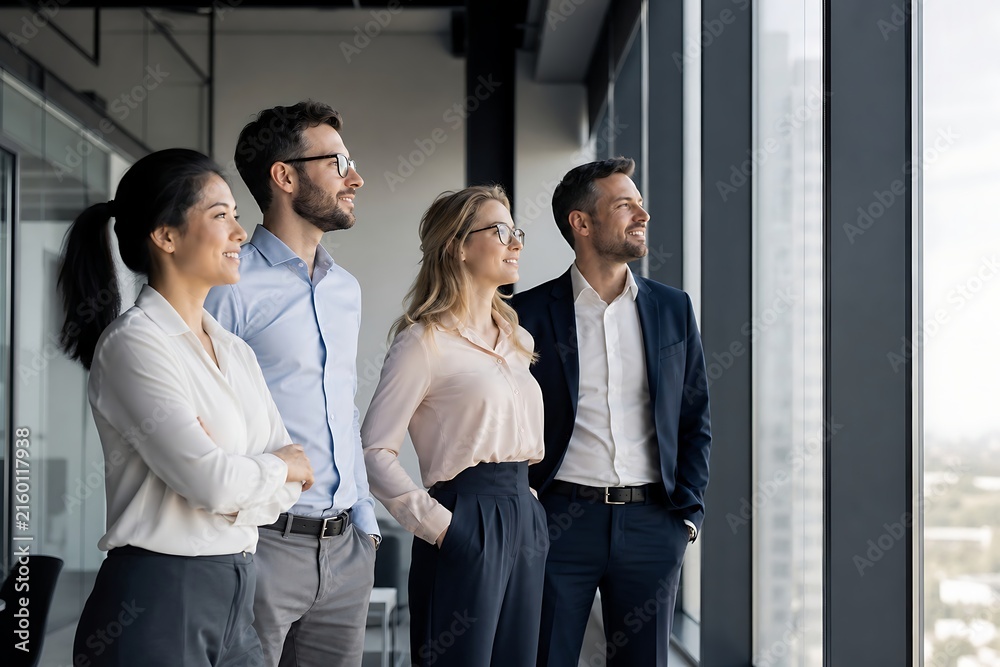 Obraz premium Four business professionals in formal attire standing and observing from a modern office window with city view