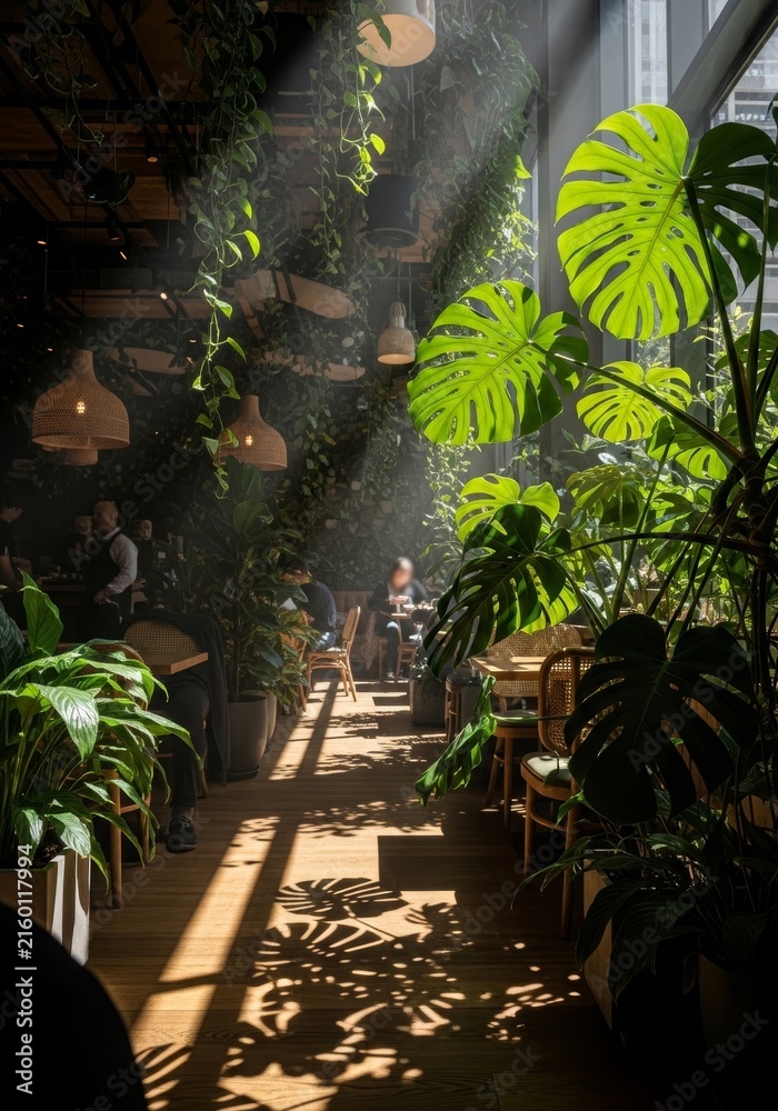 Fototapeta premium People sitting in a restaurant filled with green plants. Tropical indoor garden cafe with lush foliage and warm sunlight. Modern botanical interior design for dining and lifestyle.