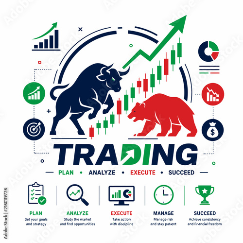 Stock market trading concept with bull and bear silhouettes. Financial investment infographic with candlestick charts and business icons. Flat vector illustration.