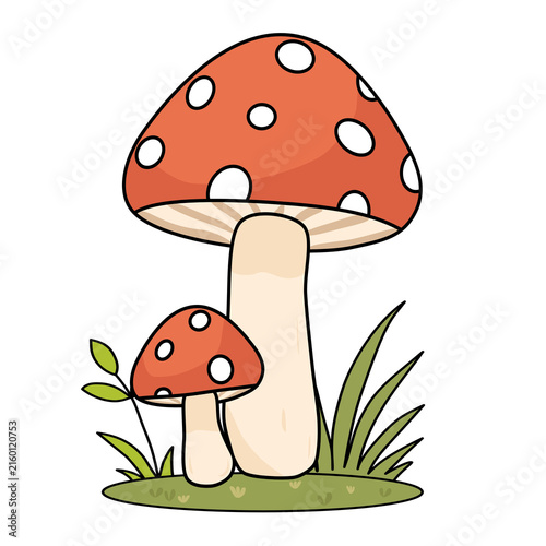 Red mushroom toadstool character with white dots in green grass illustration for nature autumn forest seasonal decoration sticker design element clipart isolated