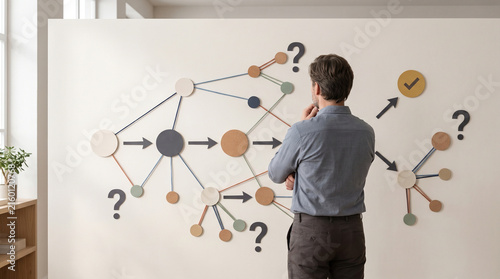 Problem solving decision making concept featuring businessman analyzing complex workflow flowchart diagram for process optimization