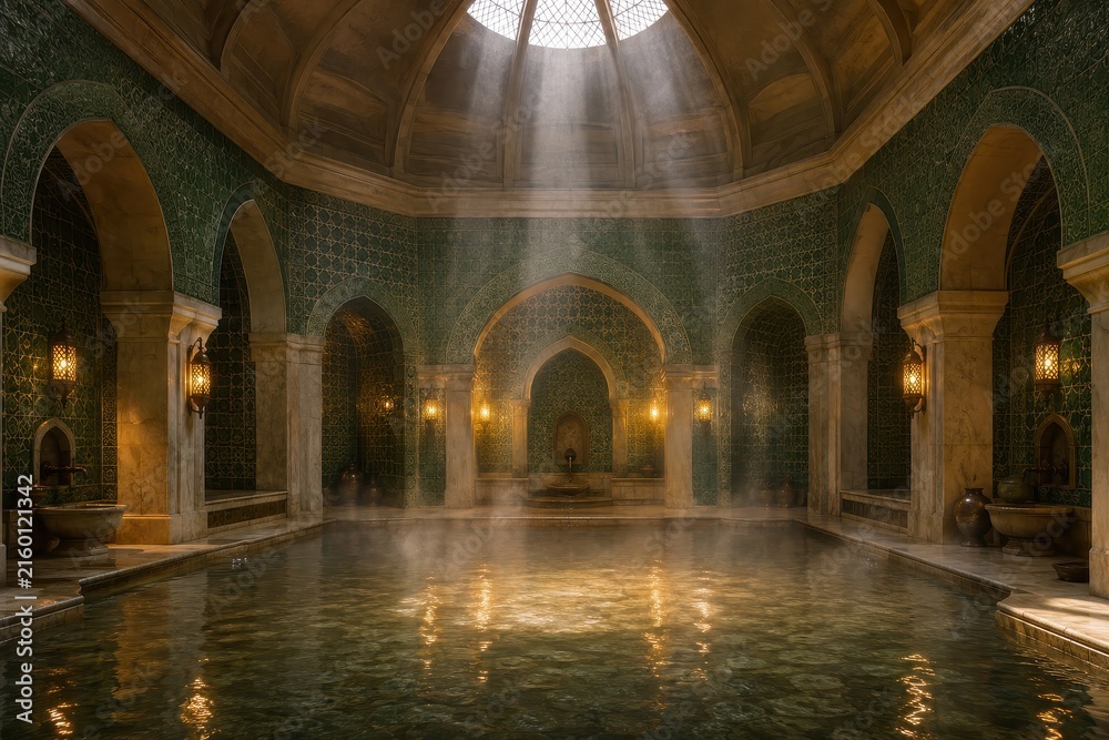 Fototapeta premium Bathhouse interior with arched tiled alcoves and drifting steam