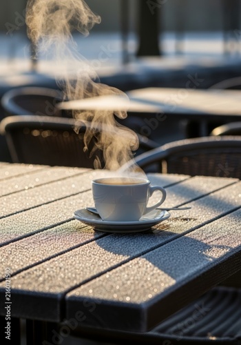 Hot coffee in white cup with steam on frosty wooden table. Morning beverage on terrace in cold day. Winter atmosphere, relaxation and warm drink concept for cafe advertisement.