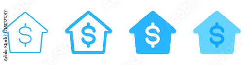 House Price and Real Estate Loan Blue Vector Icons Set | house icon with dollar sign symbol in thin outline style for real estate pricing, property investment, home loan, mortgage, and banking UI