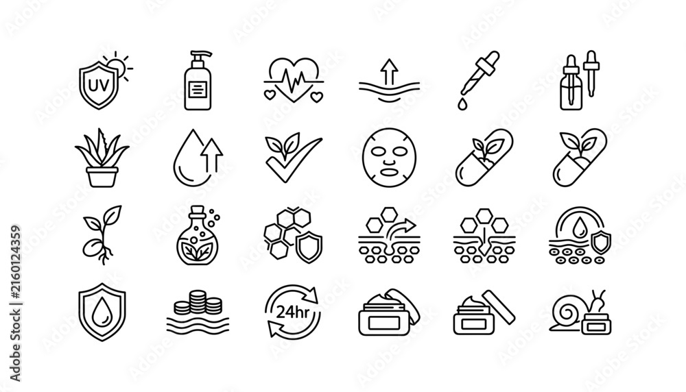 Fototapeta premium Dermatology Skincare Product and Organic Cosmetics Line Icon Set with Snail Mucus Hyaluronic Acid Serum and UV Protection Symbols for Beauty Clinic Websites