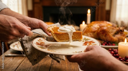 Hands Serving Pumpkin Pie With Whipped Cream at Cozy Autumn Dinner