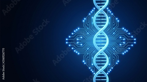 Glowing dna helix integrated with digital circuitry patterns for future medical biotechnology research