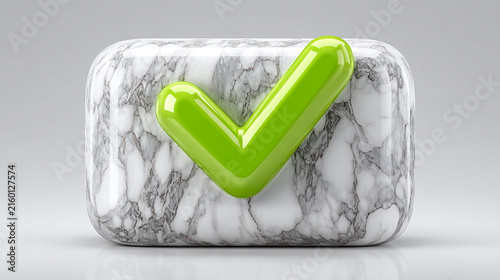 Green check mark symbol made of plastic material placed on white marble block with selector