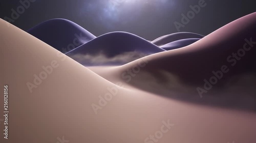 A serene landscape comprised of rolling, abstract hills with gradient coloration under a hazy night sky