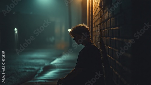 A young man stands silhouetted against a brick wall in a dimly lit alleyway.