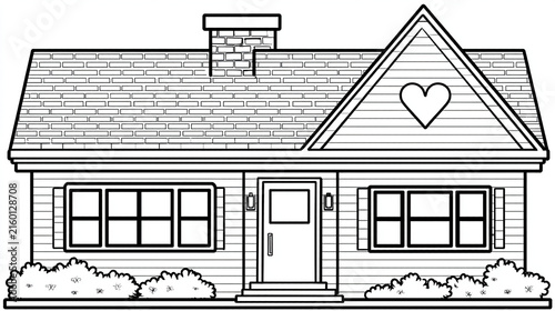 Hand drawn outline coloring page illustration of a suburban house with heart on roof gable