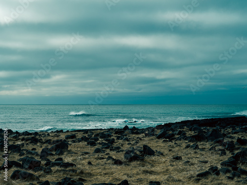 Rocky volcanic coastline in Iceland under moody overcast sky