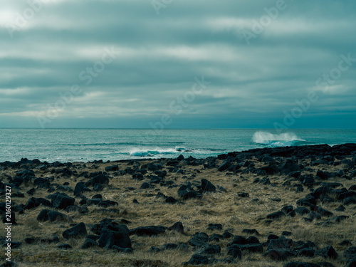 Rocky volcanic coastline in Iceland under moody overcast sky