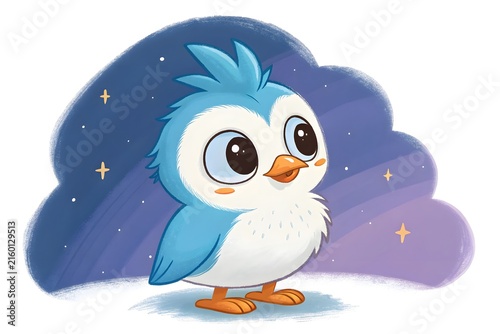 Cute cartoon baby owl with starry cloud background