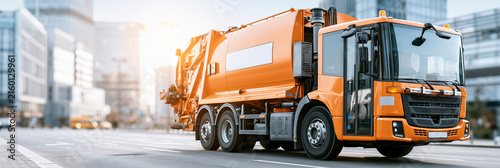 Orange garbage truck driving through an urban street in bright daylight.