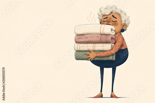 Smiling woman hugging a stack of warm folded laundry indoors, perfect for home comfort blog, web banner