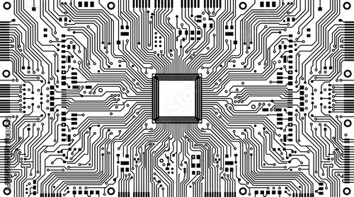 Abstract digital circuit board pattern with central microprocessor unit schematic black white design