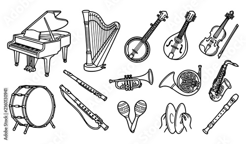 Musical Instrument Coloring Book Vector Set with Black and White Doodle Outlines
