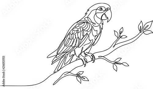 Minimalist Parrot Perched on Branch Continuous Line Art Vector Illustration