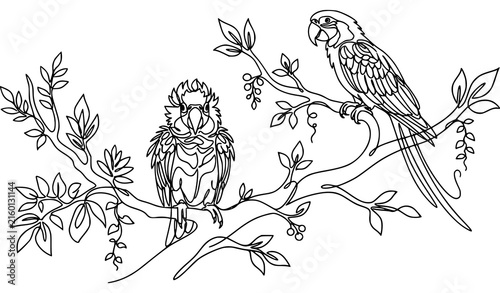 Parrot Wildlife Sanctuary Continuous Line Drawing Vector with Birds and Botanical Branches