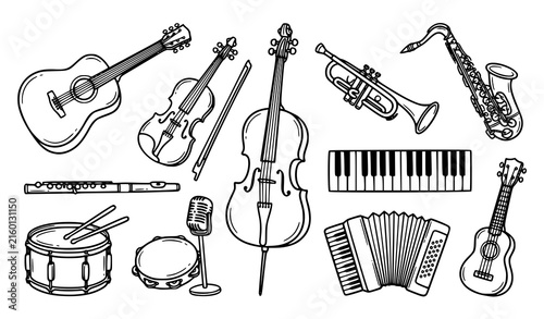 Black and White Musical Instruments Doodle Vector Set with Hand Drawn Outline Art