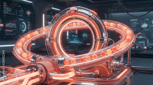 Futuristic Particle Accelerator Engine with Glowing Orange Energy Orbs in High-Tech Laboratory 3D Render