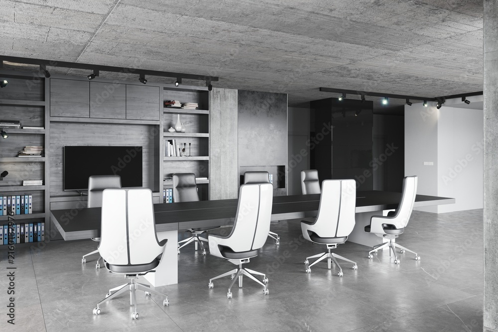 Fototapeta premium 3D render of a spacious corporate boardroom featuring a long table, white ergonomic chairs, and concrete architecture.