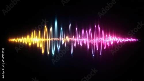 A vibrant, abstract representation of sound waves dominates the image.