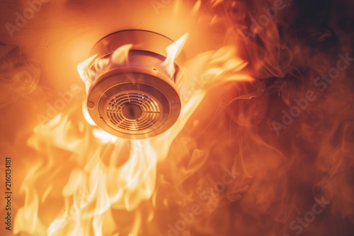 Smoke alarm engulfed in flames and thick smoke, signaling a dangerous fire emergency
