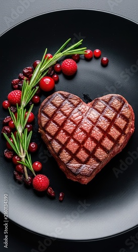 A juicy heart shaped grilled steak served on a dark plate, garnished with fresh rosemary and red berries for a festive winter meal setting, heart shaped, overhead, tender