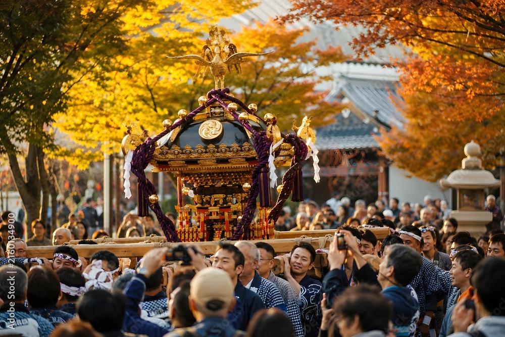 Fototapeta premium 紅葉の神社で神輿を見守る秋祭りの観客素材