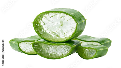 Fresh Aloe Vera slices with clear gel isolated on white background for skincare products.