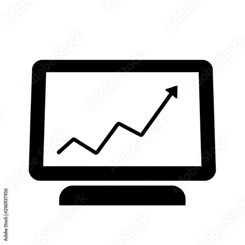 A simple minimalist black silhouette icon of a digital tablet with a rising graph, representing online mutual fund investments, stock market trading apps, and financial wealth growth.