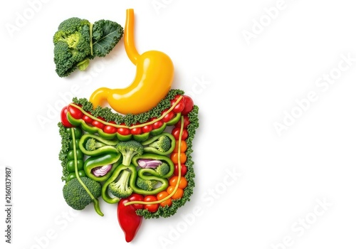 Vibrant and intricate anatomical model of the human digestive system creatively crafted from fresh bell peppers, broccoli, and kale leaves, natural, diet, gut health