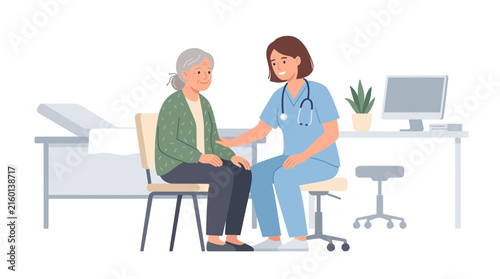 Doctor Consolation: A doctor wearing a blue scrubs and stethoscope offers comforting words to an elderly woman sitting in a chair at a medical office, conveying care and reassurance.