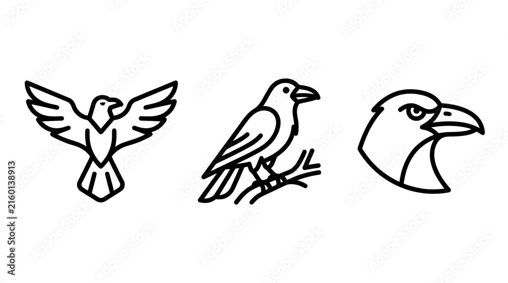 Fototapeta premium Set of minimalist black outline raven and crow icons featuring flying bird perched bird on branch detailed head profile on white background minimalist wildlife creature collection template