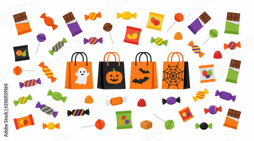Halloween Candy Assortment: A vibrant collection of Halloween-themed candies and treat bags, featuring pumpkins, ghosts, and spiderwebs, evoking festive spirit and autumnal delight.